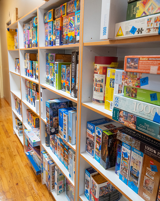 Bookshelves of puzzles and games