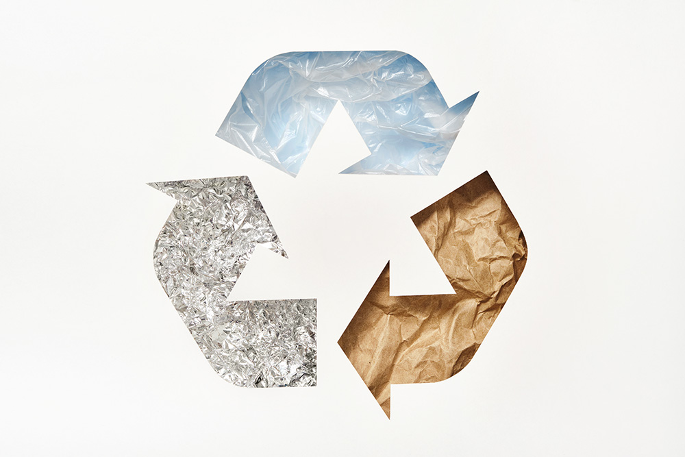 A recycle symbol made of recycled materials